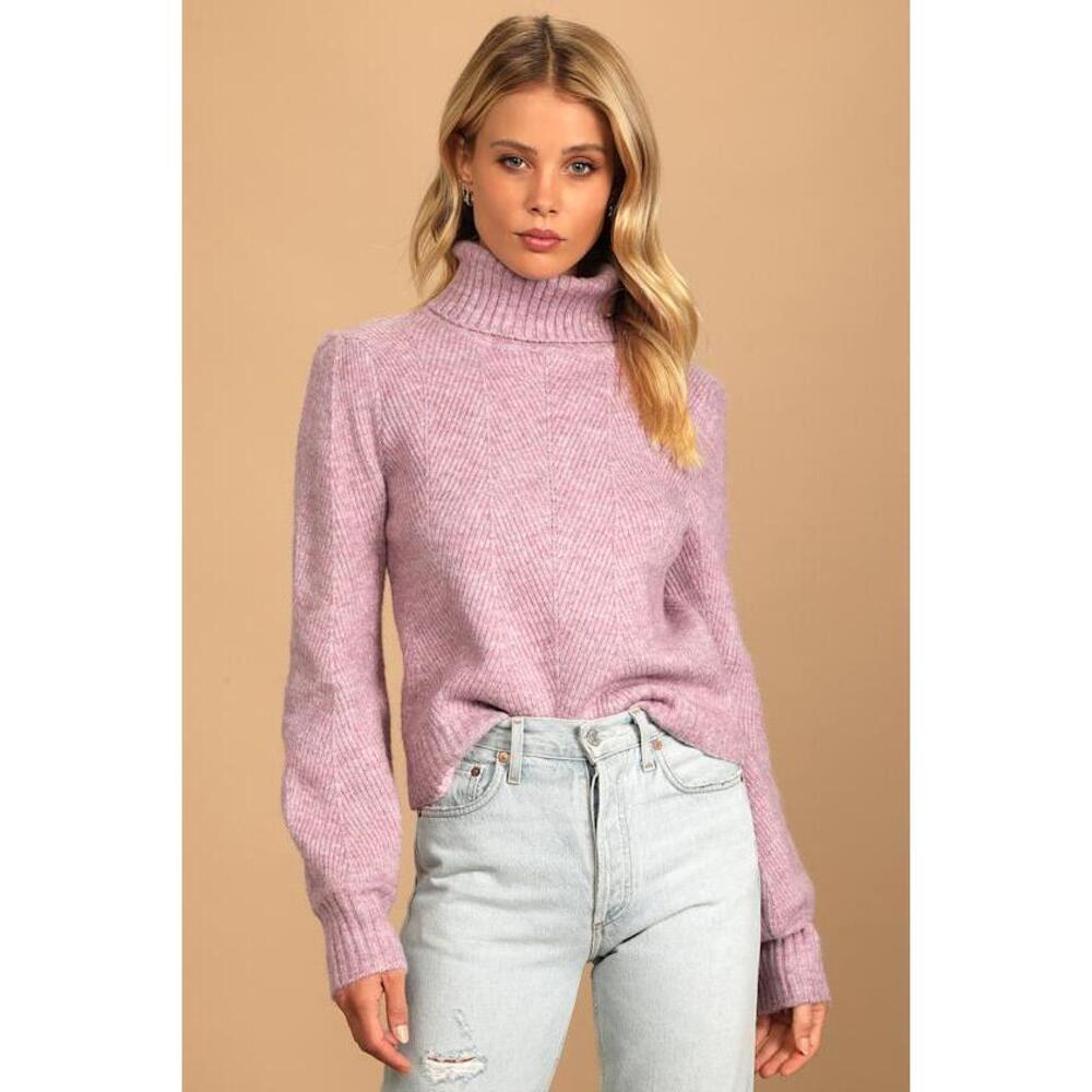 Lulus Meet Cozy Lavender Knit Long Sleeve Turtleneck Sweater Purple - Size M